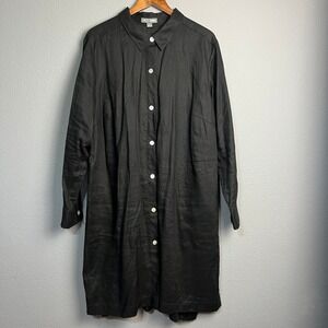 Go Silk Woman Black Linen Shirt Dress 1X Pockets Long Sleeve Button Front Casual